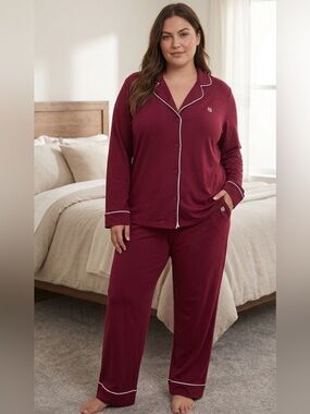 Tommy Hilfiger Women's Maroon Long-Sleeve Button Pajama Set Size XL